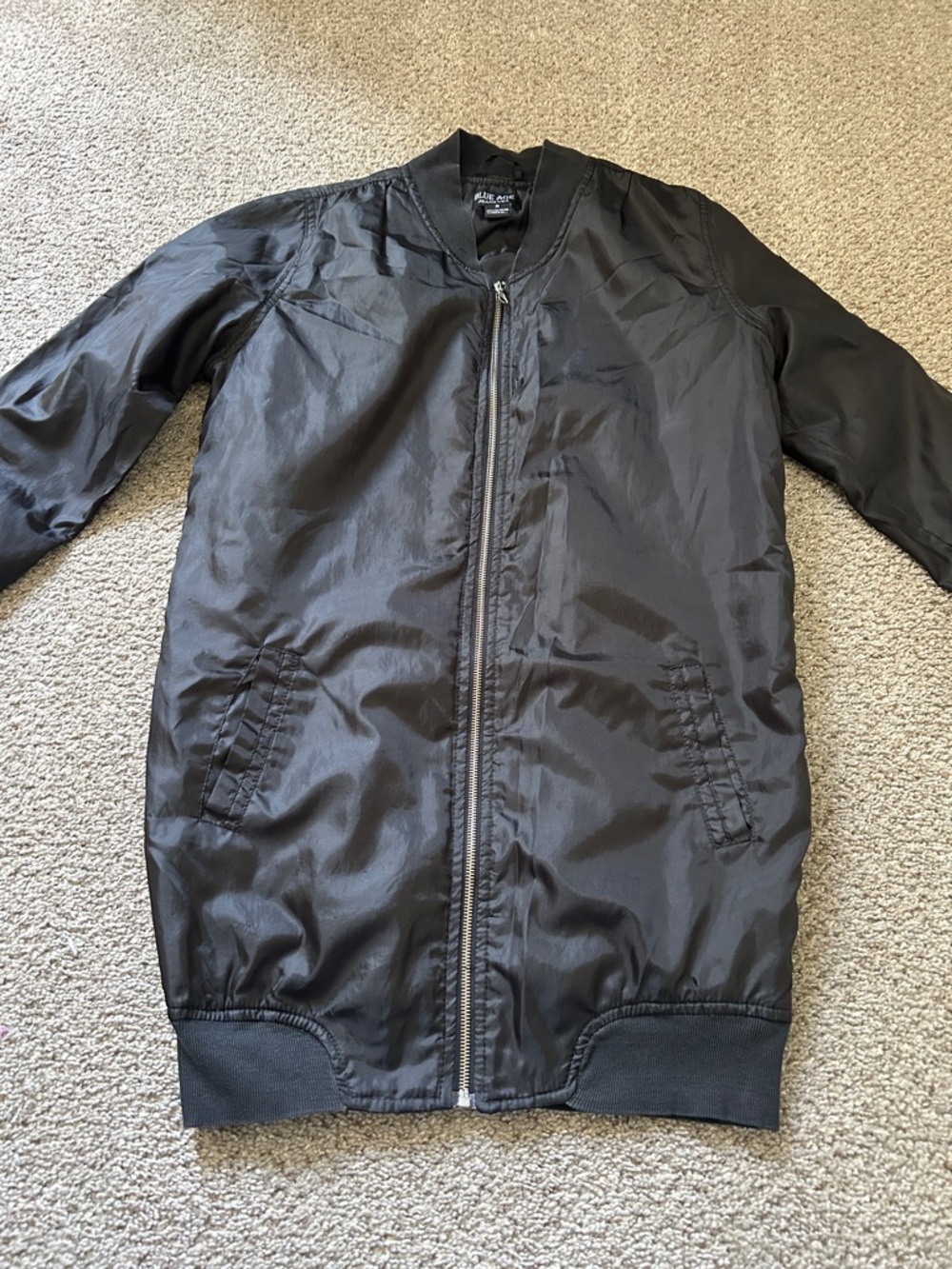 Black Long Bomber Jacket with Ribbed Trim